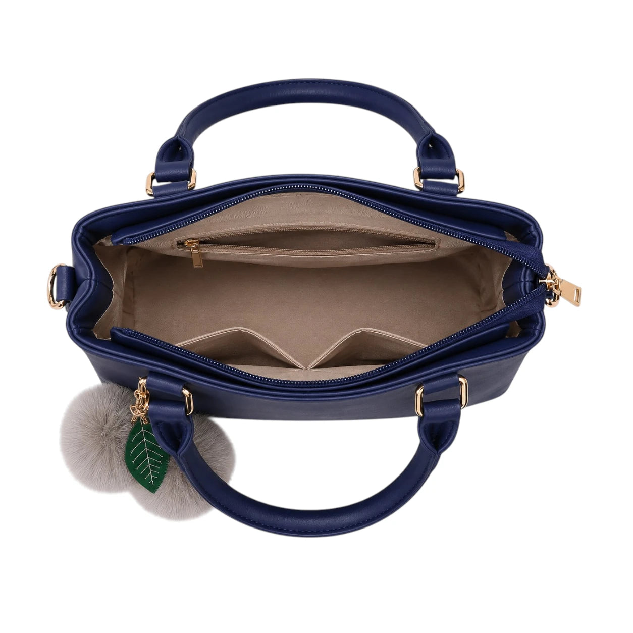 Torcz Navy Leather Carry Bag With Pom Charm Accent