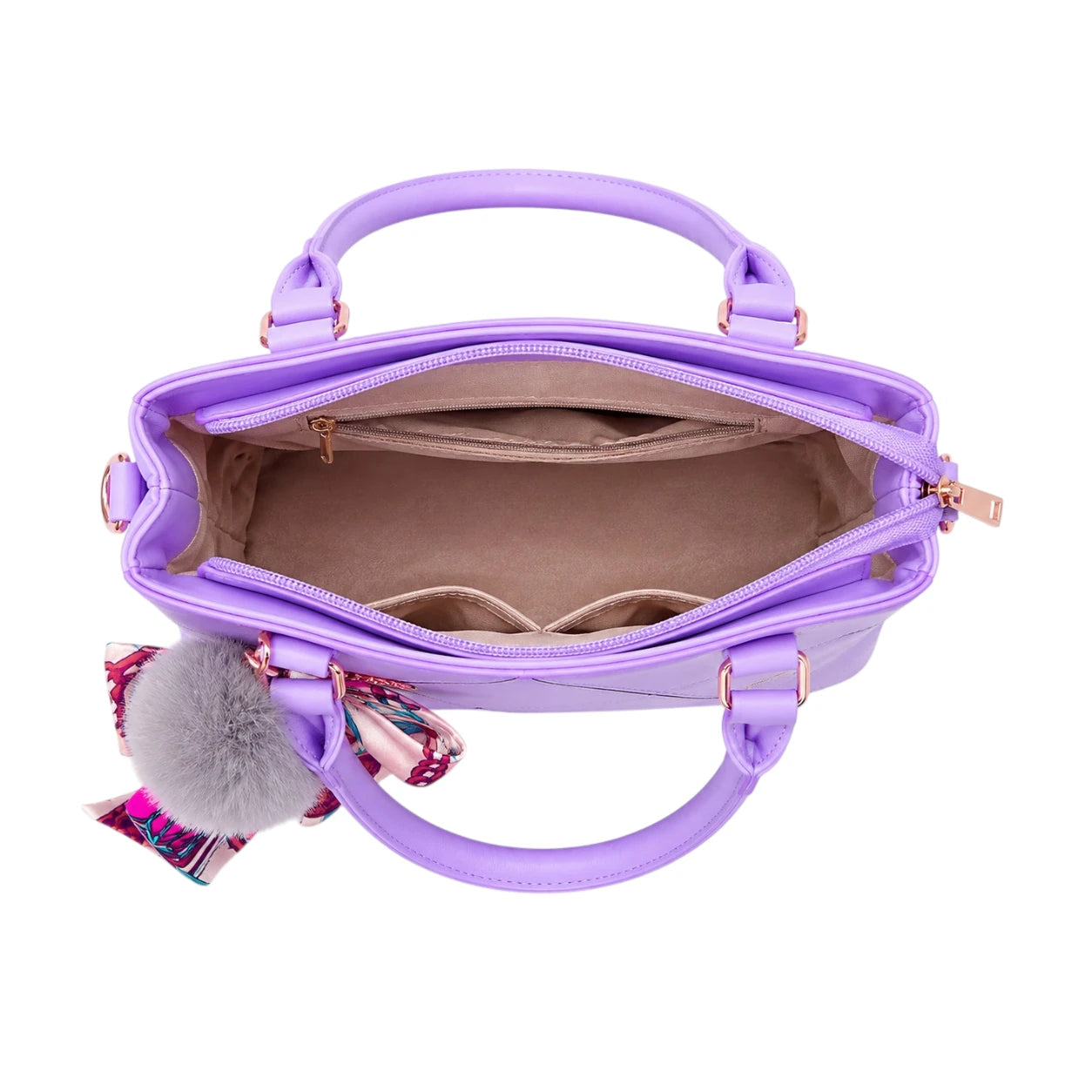 Torcz Purple Leather Handbag With Printed Scarf Accent